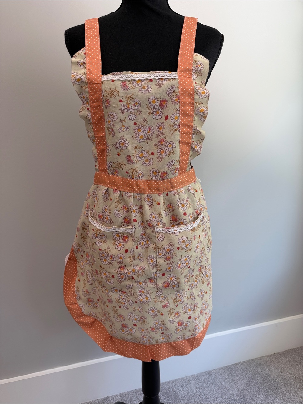 Floral Cream and Orange Reversible Kitchen Apron with Pockets